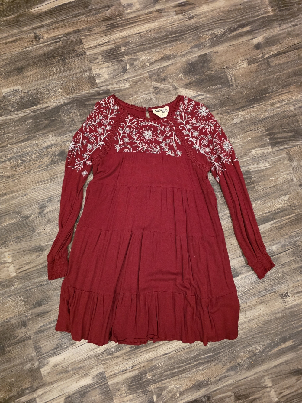 Red Embroidered Long-Sleeve Dress